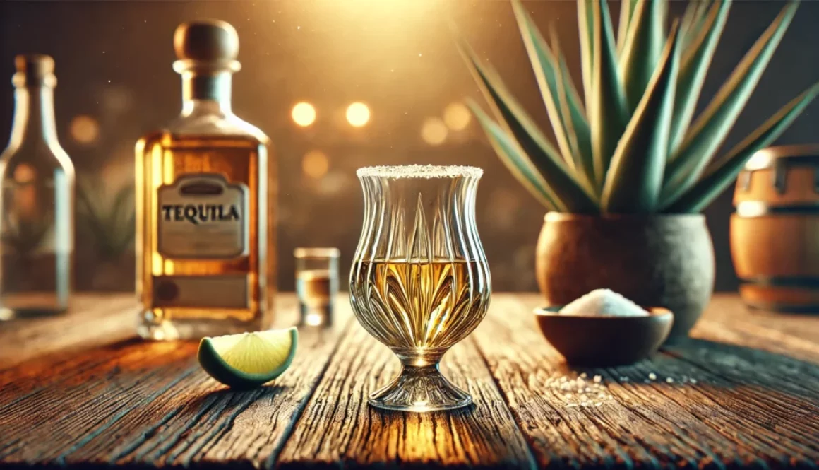 A photorealistic header image for a blog about tequila tasting, featuring a close-up of a tulip-shaped glass filled with golden tequila on a rustic wo