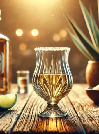 A photorealistic header image for a blog about tequila tasting, featuring a close-up of a tulip-shaped glass filled with golden tequila on a rustic wo