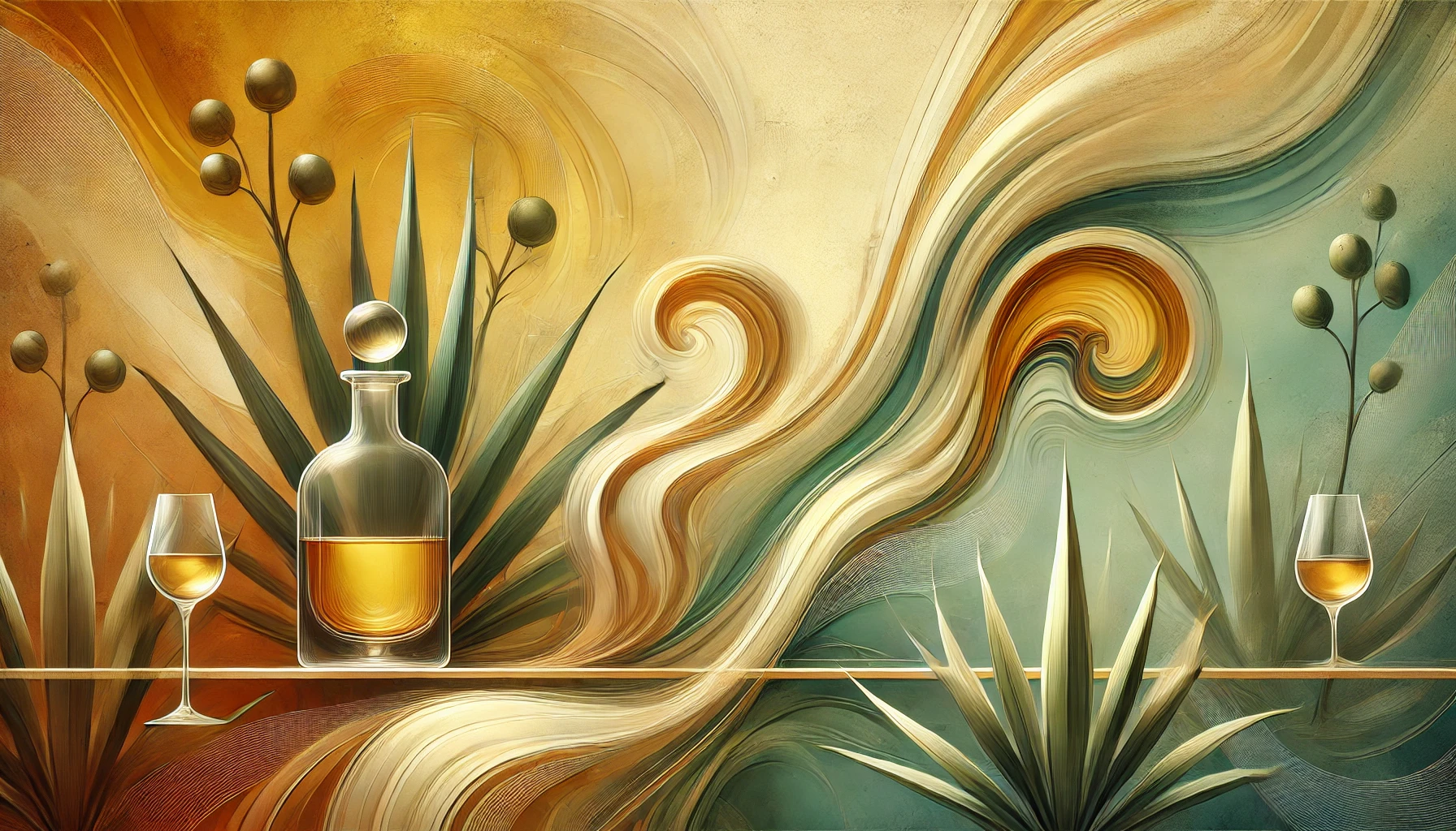 An abstract, artistic interpretation of tequila tasting for a blog header image. The design features swirling golden and amber liquid forms representi